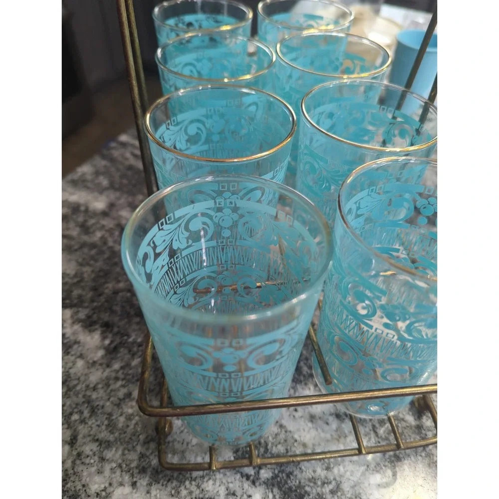 8 Vintage Anchor Hocking Chantilly Turquoise Drinking Glasses With MCM Holder
